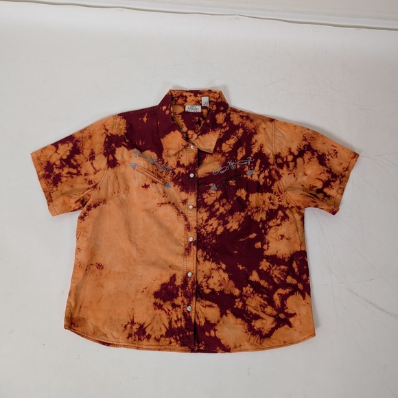 90s Short Sleeve Button Down Burnt Orange Shirt Oversized Reverse Bleached - Picture 3 of 9